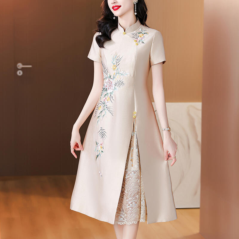 qz*中國香檳色喜婆婆旗袍媽媽裝婚宴禮服改良氣質結婚喜服連