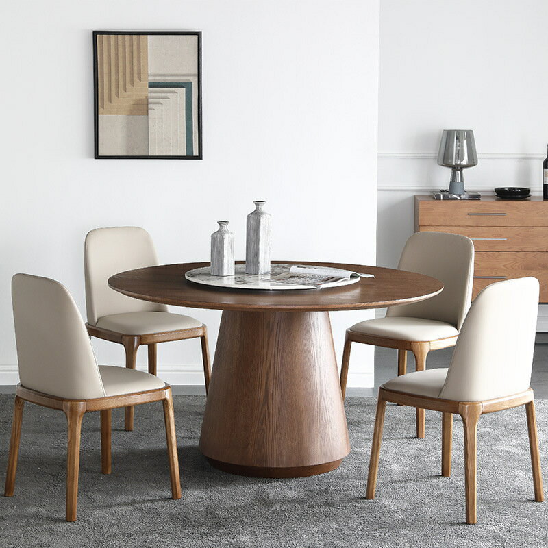 北歐實木圓形餐桌設計師圓桌現代簡約帶巖板轉盤家用高端圓型飯桌
