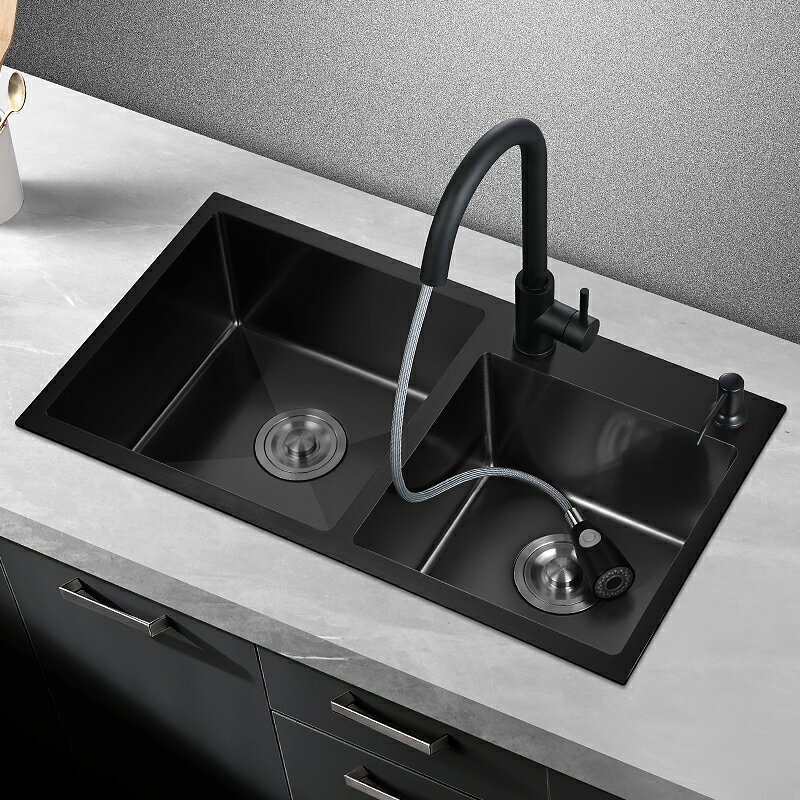 水槽 納米廚房水槽雙槽手工加厚304不銹鋼黑色家用洗菜盆 洗碗盆大單槽【快速出貨】