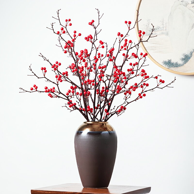 模擬紅漿果假花果實客廳家居擺件插花黃色沙棘果枝幹植物仿真花