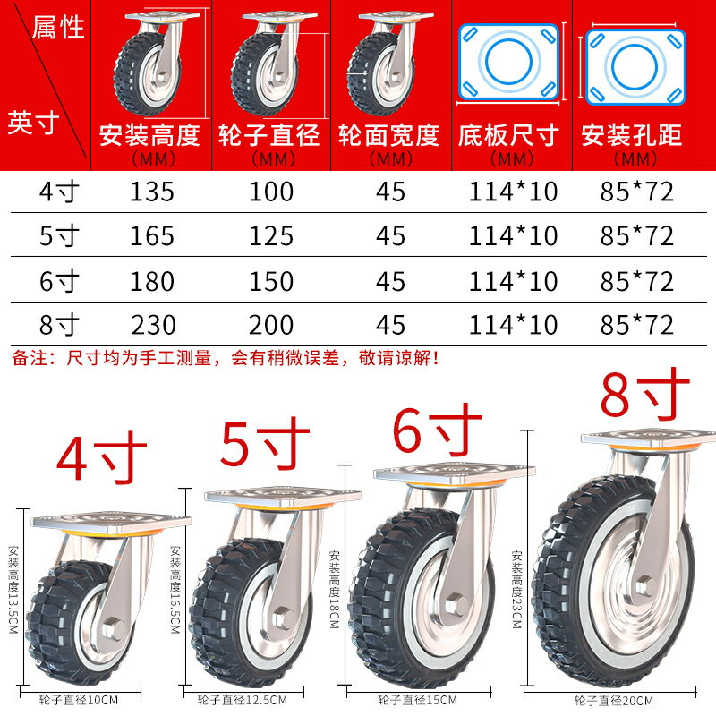 萬向輪 萬向輪輪子3寸重型板車小推車拖車拉車靜音腳輪橡膠輪帶剎車【HZ68821】