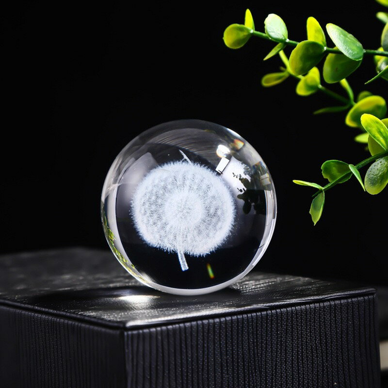 【All Splendid】許願蒲公英 3D雕刻水晶球 發光水晶球 小夜燈 木底座 桌面 水晶球擺飾 LED燈