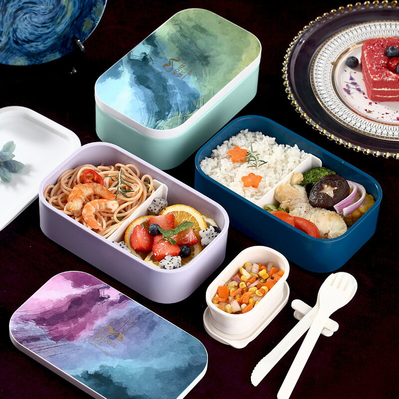 INS網紅油畫風單層飯盒便攜可微波學生午餐盒上班便當盒lunch box