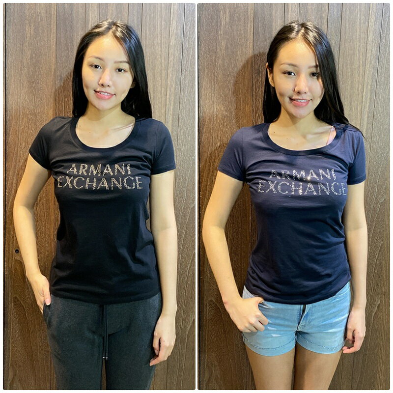美國百分百【Armani Exchange】T恤 AX 短袖 logo T-shirt 亮片 女 上衣 深藍色 K001
