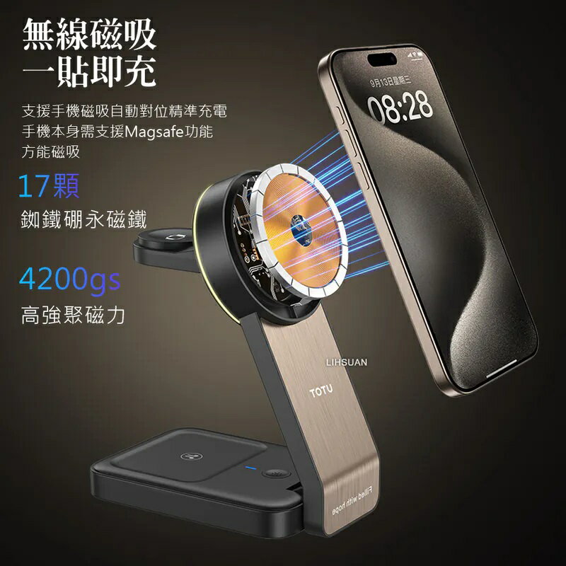 TOTU 拓途 三合一 磁吸無線充電座充電盤充電器 15W 手機/手錶/耳機 LED氛圍燈 神速系列 3