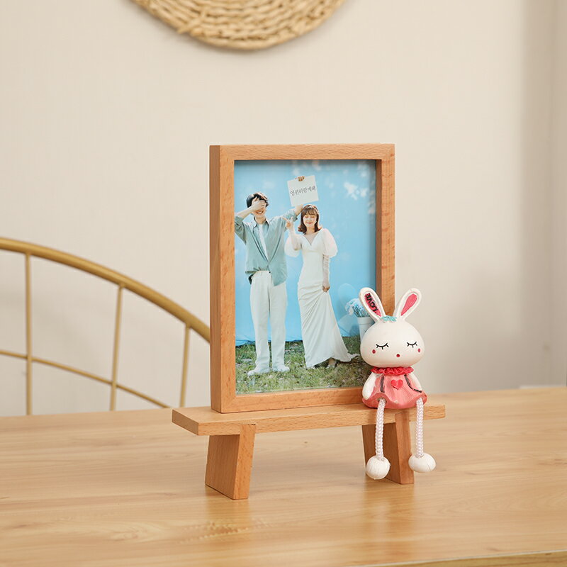 創意實木卡通相框6寸兒童照片相架可愛ins立體小豬兔木質櫸木擺臺