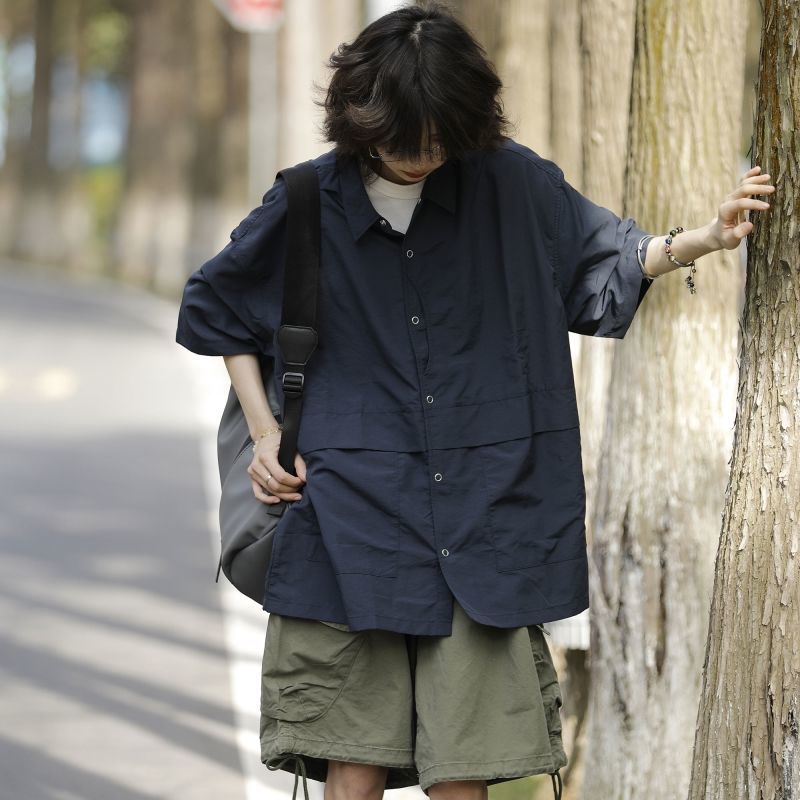 短袖套裝工裝上衣短褲簡約情侶寬松港風復古日系中性襯衫夏季新品【聚寶屋】