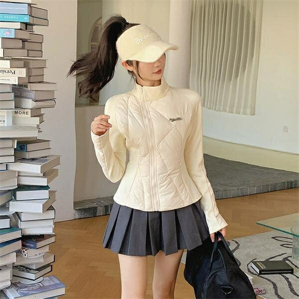 高爾夫女裝 高爾夫球衣女 韓版女裝 休閒上衣 地球店立領拼接輕薄羽絨服高爾夫女裝秋冬短版緊身運動瑜伽白外套
