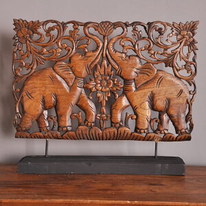 東南亞進口家居裝飾工藝品雙象實木雕刻擺件泰式會所裝修桌面擺設1入