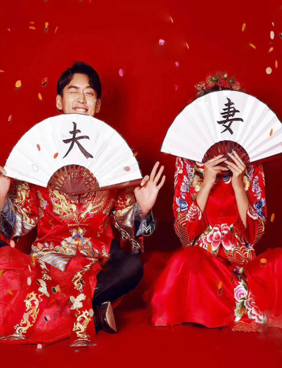 影樓婚紗攝影兒童旅拍寫真道具古裝國潮扇子中國風創意書法摺扇