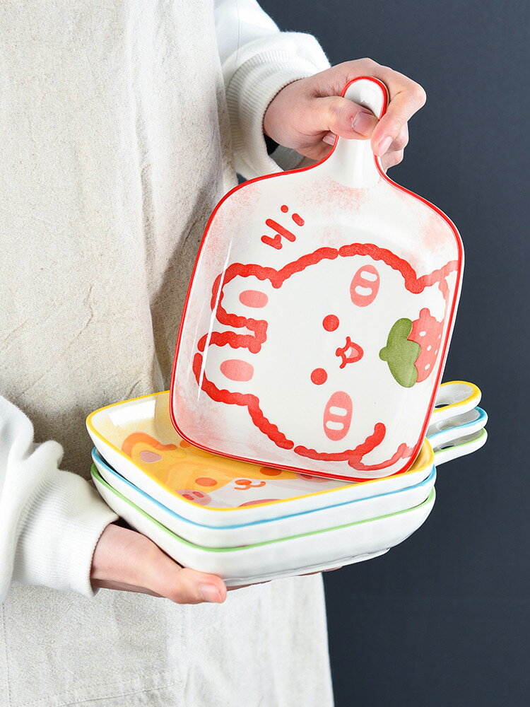 陶瓷帶手柄烤盤家用水果盤子可愛日式微波爐卡通餐具烤箱烘焙專用