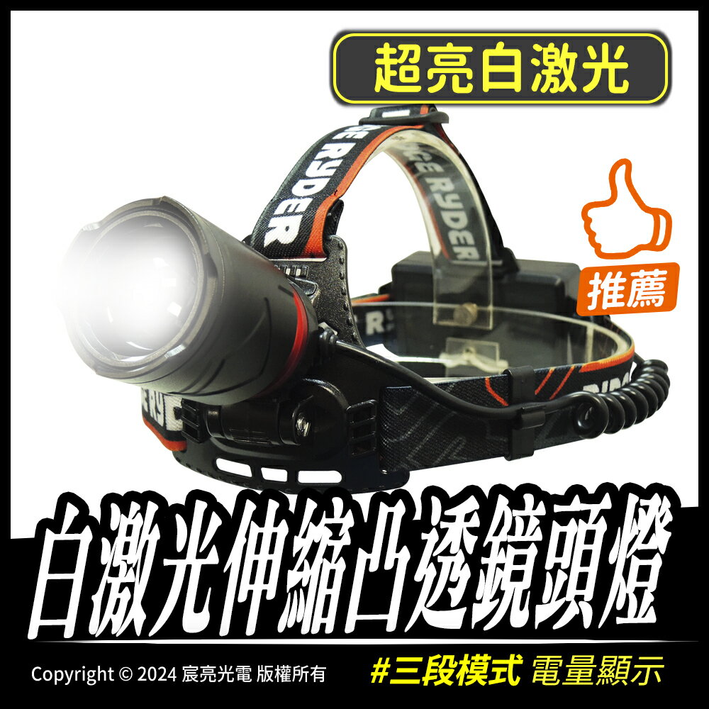 白鐳射伸縮凸透鏡頭燈｜三段模式｜Type-C充電｜使用18650電池｜電量顯示｜電池盒尾燈
