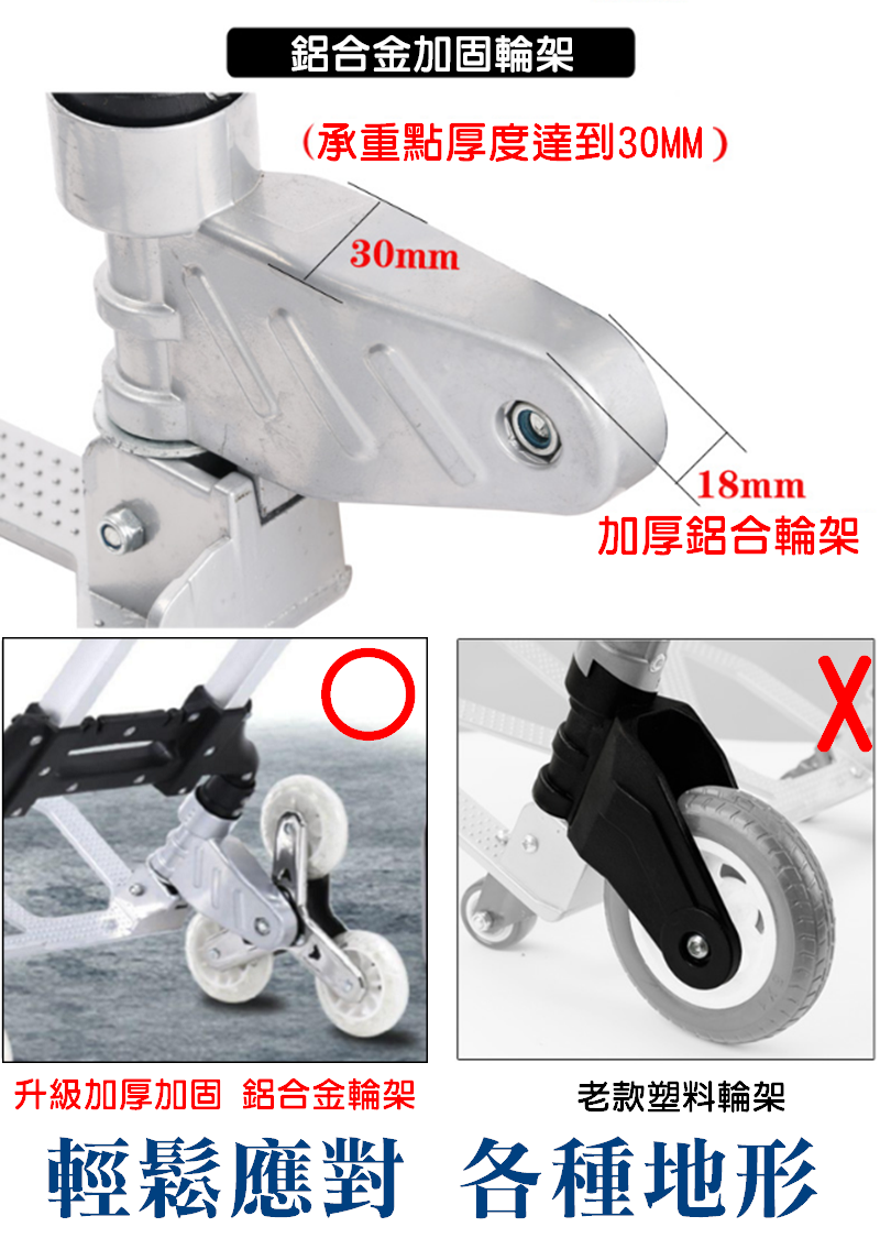 【預購】折疊推車 摺疊推車 鋁合金三輪摺疊手推車+彈力繩30034-110 購物車 買菜車 手推車 推車 手拉車 貨運推車 興雲網購 3