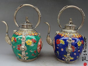 純銅仿古龍鳳瓷茶壺酒壺多種顏色 精美花紋猴子蓋手提壺水壺擺件