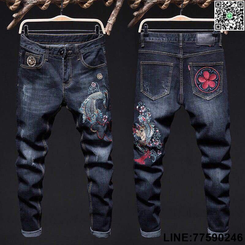 口醬】精品男裝 韓版 修身長褲男 個性刺繡彈力牛仔褲 破洞牛仔褲 復古牛仔褲 大尺碼男牛仔褲 刺繡牛仔褲 牛仔褲男窄管褲