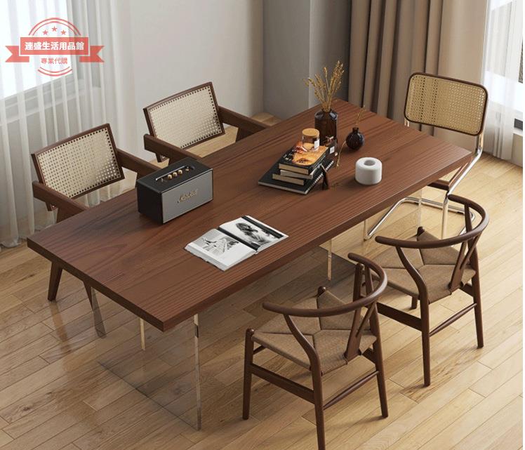 ins風北歐日式洽談桌子亞克力懸浮實木餐桌白蠟木書桌大板桌家用