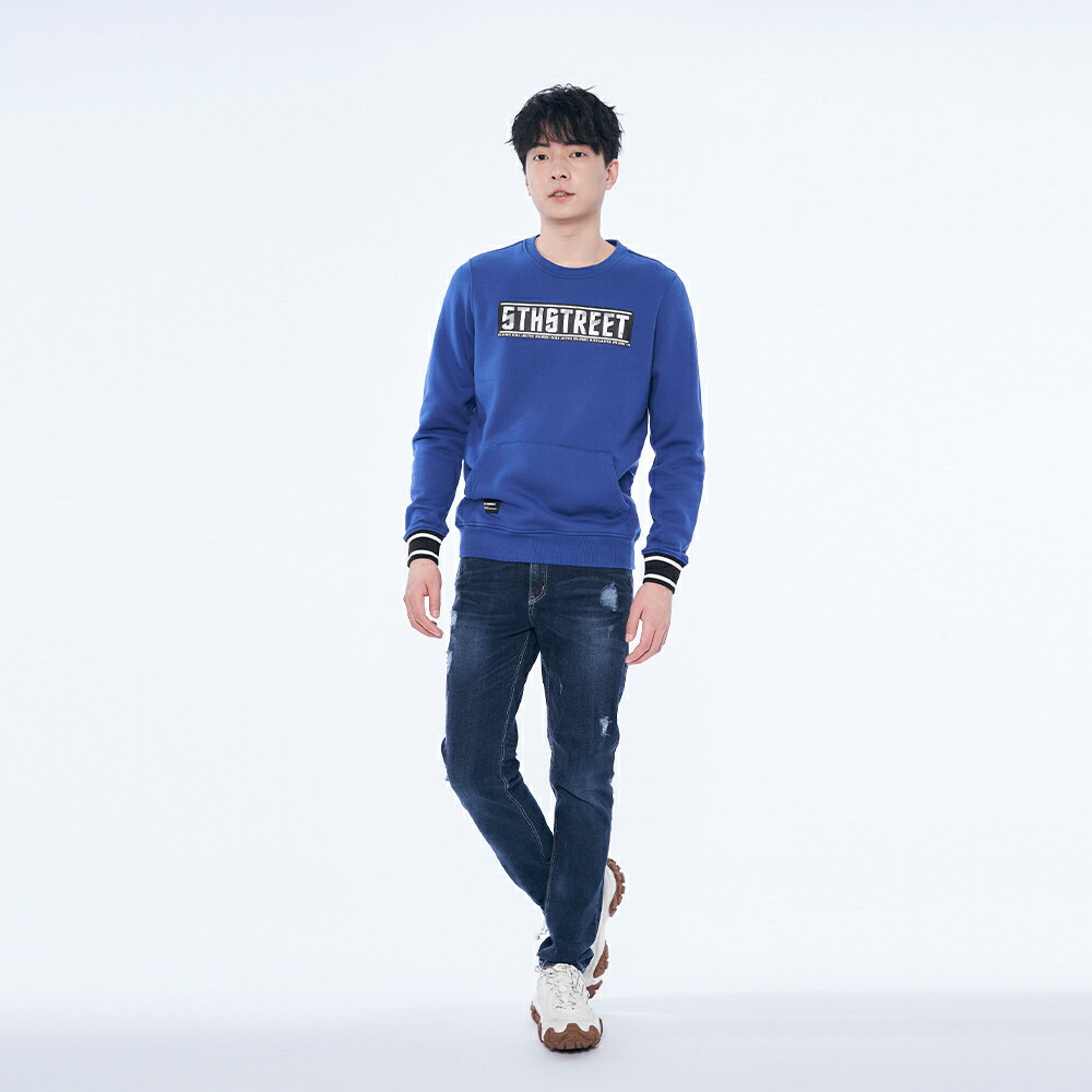 男銀箔條紋長袖T恤-藍色【5th STREET】【APP下單享4%點數】 2