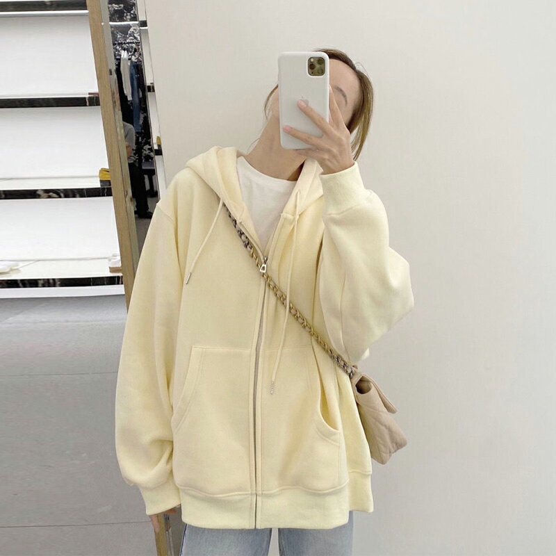 奶黃色外套女春秋2022新款早春衛衣寬松韓版連帽開衫拉鏈上衣薄款