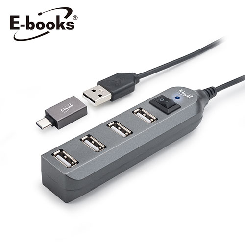 E-books 節能開關 4孔USB-Hub集線器H17-贈Type C轉接頭【愛買】