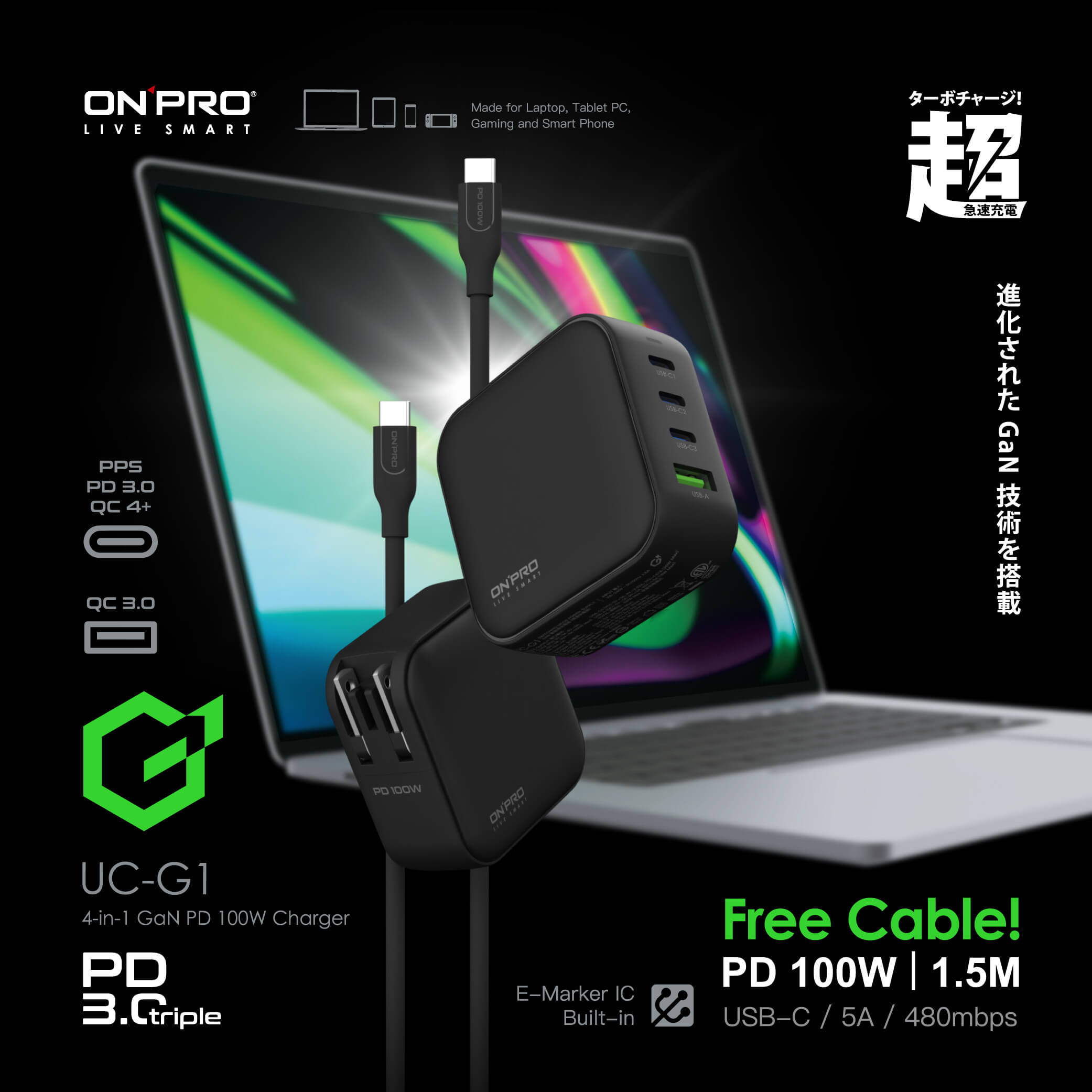 ONPRO 100W 充電器 充電線 四孔 氮化鎵 GaN 快充頭 type c 充電頭 適 Iphone 15 14 5