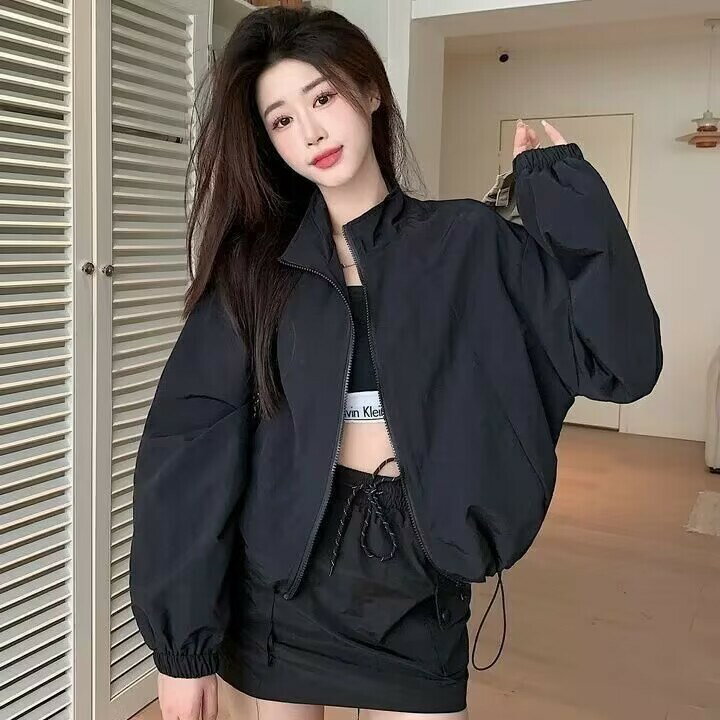 FUXI 立領防曬外套女 薄款外套 寬鬆抽繩運動外套 短版休閒外套 拉鏈夾克外套 長袖上衣 長袖外套 女裝 衣服