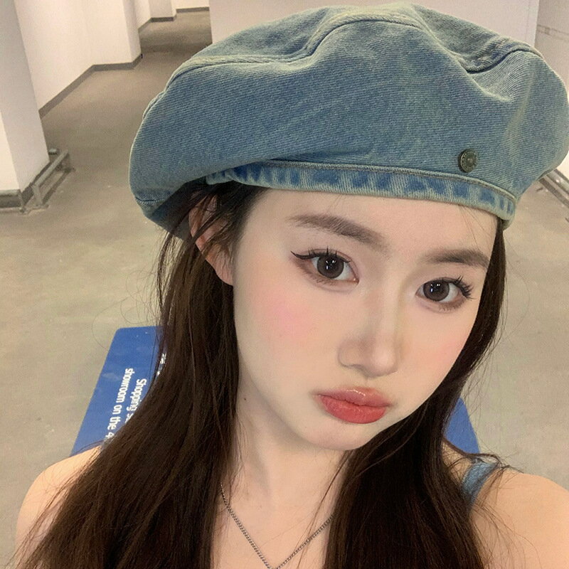 牛仔貝雷帽夏季薄款日系顯臉小八角畫家帽大頭圍帽子女款2023新款