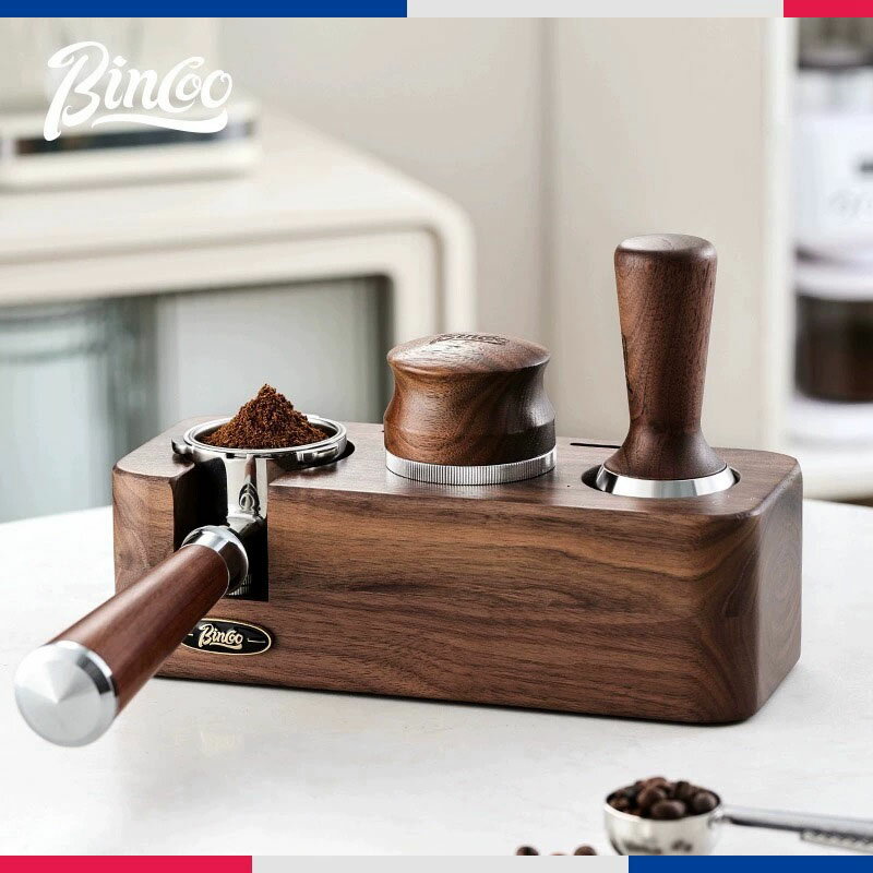 胡桃木三孔咖啡壓粉底座意式咖啡機布粉器粉錘收納工具套裝
