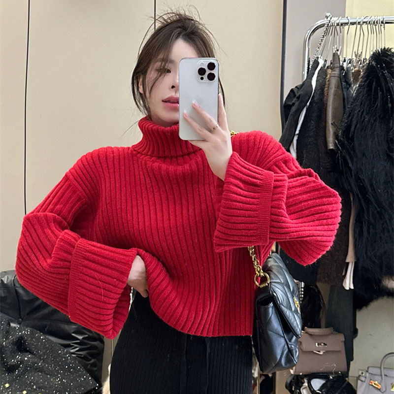 ANNAS 大紅色高領毛衣 紅色針織衫 寬鬆慵懶坑條毛衣 粗針織 紅色毛衣 過年 喜氣 新年 2024龍年 5