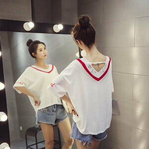 FINDSENSE G5 韓國時尚 夏季 寬鬆 撞色 V領 短袖 露背T恤 學生上衣