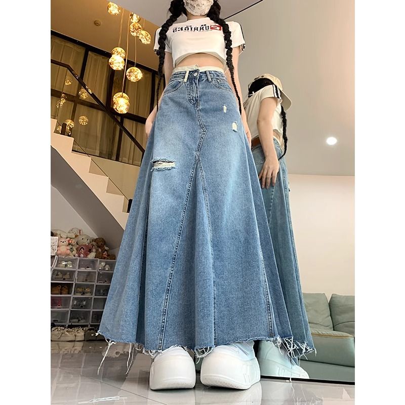 大碼復古破洞牛仔半身裙女夏季胖mm高腰顯瘦中長款a字包臀魚尾裙-享樂