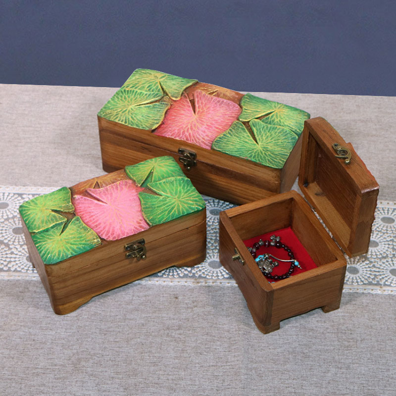 泰國實木長方形荷花首飾盒項鏈手鐲收納盒木質儲物盒子復古公主盒