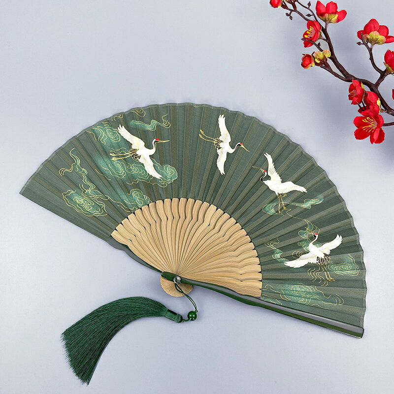 扇子古風摺扇女夏竹製折疊便攜小扇中國風仙鶴古裝漢服旗袍舞蹈扇