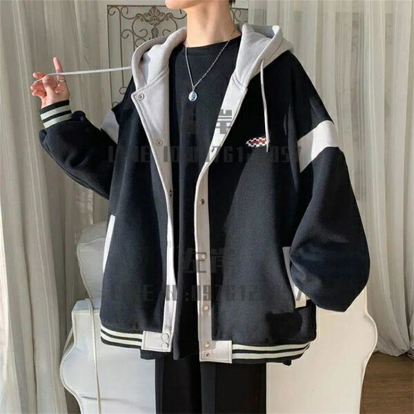 連帽外套春秋季假兩件連帽夾克男士潮流大碼外套男生休閑上衣【雲木雜貨】