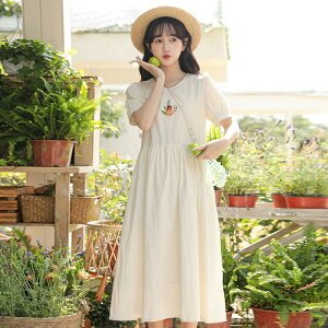 小清新正韓森系花朵刺繡連身裙女甜美小眾時尚簡約設計感夏季