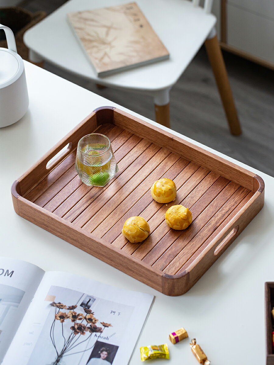 木質托盤家用北歐風花梨木長方形放茶杯盤帶提手木制餐盤日式茶道