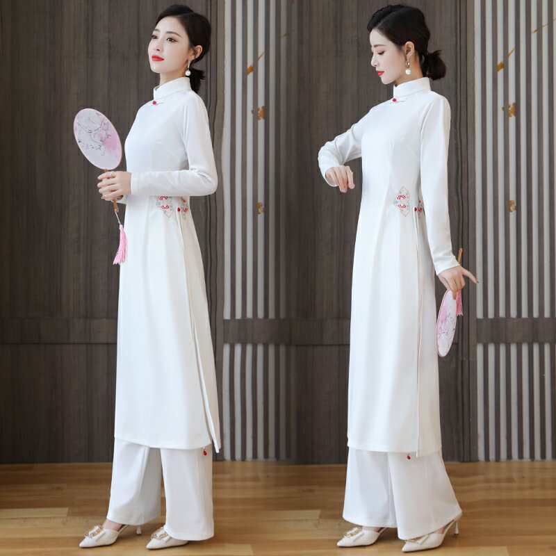 新款春秋季女裝改良新中式中國風棉針織立領旗袍奧黛刺繡上衣