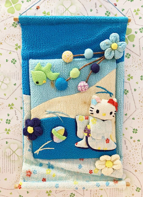 【震撼精品百貨】Hello Kitty 凱蒂貓 三麗鷗 KITTY和風圓吊飾/新年畫軸掛飾-藍(展示品)#81044 震撼日式精品百貨