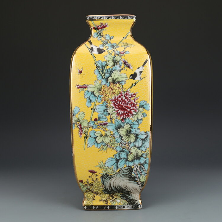 清乾隆年制粉彩描金萬花不落地四方花瓶仿古觀賞瓷器擺件古董古玩1入