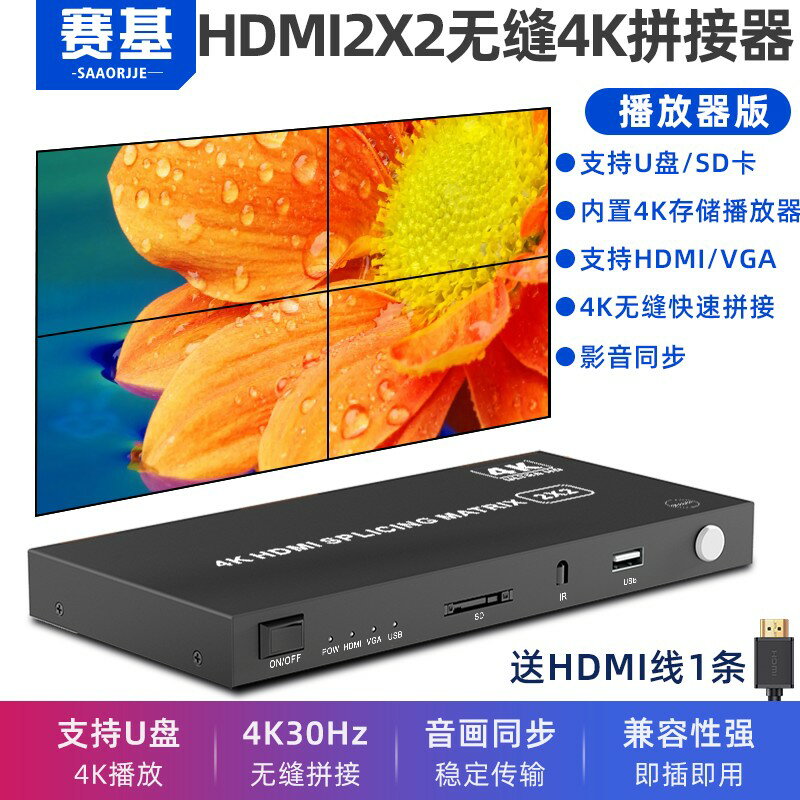 【可開發票】賽基HDMI無縫拼接器一進四出分屏顯示器2X2四口戶外廣告機視頻拼接器多屏寶U盤4K高畫質影片自動巡環播放器30Hz