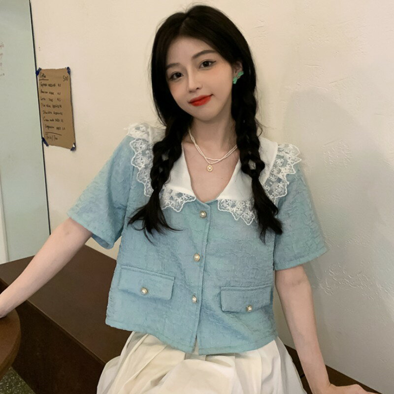 復古蕾絲娃娃領短袖襯衫女設計感小眾夏季年新款韓版短款上衣