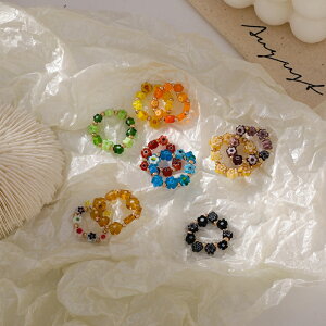 韓國設計師款復古小眾彩色琉璃花朵圖案手工編織串珠彈力戒指女