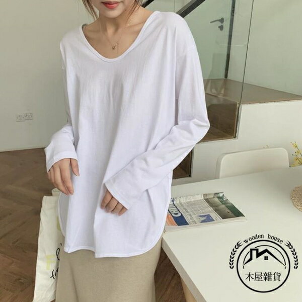 春秋裝冬季純棉內搭寬鬆大碼V領長袖女打底衫中長款上衣【木屋雜貨】