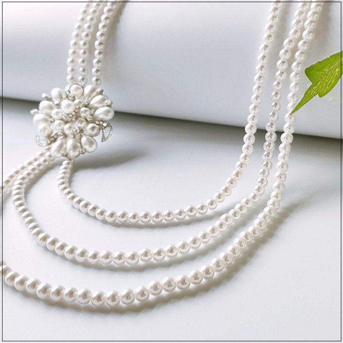 灰姑娘[L033-S]三圈長珍珠花朵鑽飾長項鍊