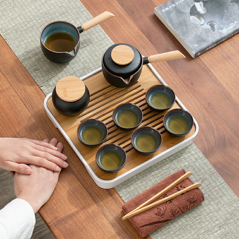 黑陶窯變整套功夫茶具套裝家用側把茶壺辦公客廳會客茶杯日式茶盤