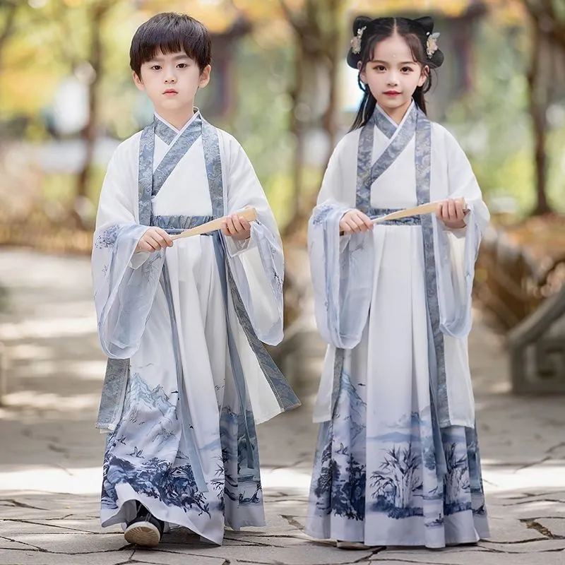 兒童洋裝 男女童漢服 兒童學生國學童裝 中大童古風套裝 女親子古裝 幼兒國風演出服裝 漢服裙子【不二雜貨】