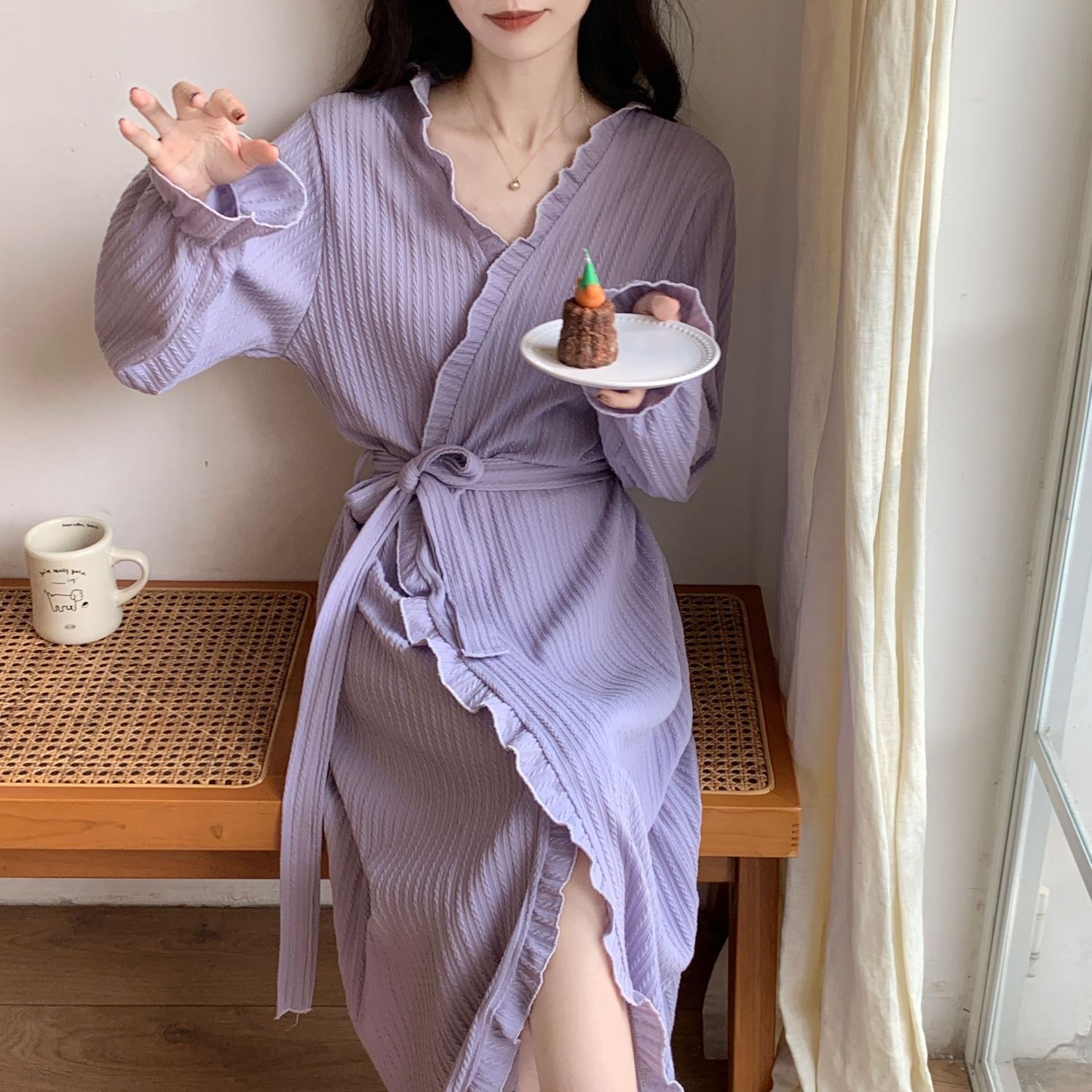 🔥春夏天薄款晨袍家居服睡衣可外穿睡袍女秋季甜美系帶浴衣浴袍長款