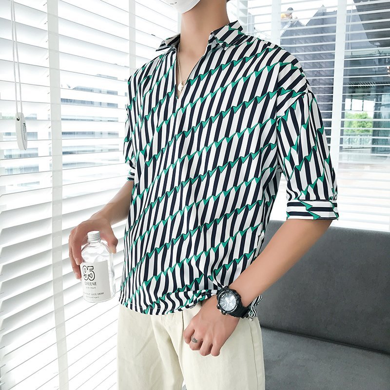 FINDSENSE H1 2018 夏季 新款 日本薄款 五分條紋 寬鬆 男 短袖襯衫 休閒 潮流上衣