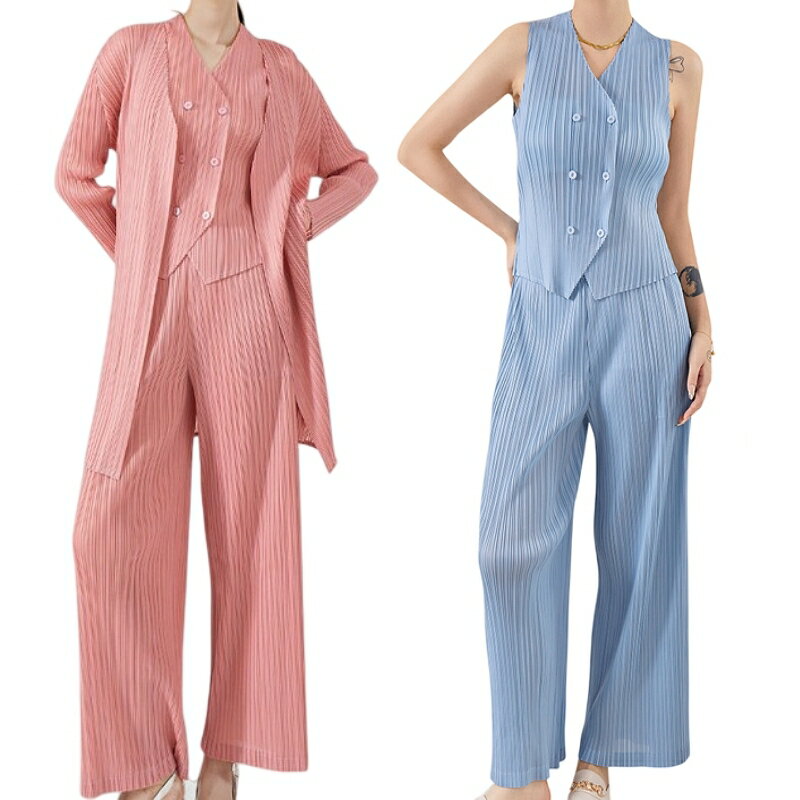 現貨+預購 三宅風上衣褶衣套裝女外套背心長褲高級折衣彈力女裝顯瘦摺衣大碼-三件套4色74lj3【獨家進口】【米蘭精品】