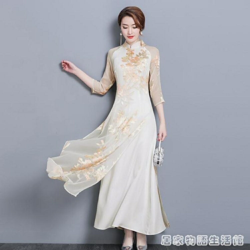 中國風復古女裝中式修身改良旗袍奧黛上衣茶服七分袖連身裙 居家物語