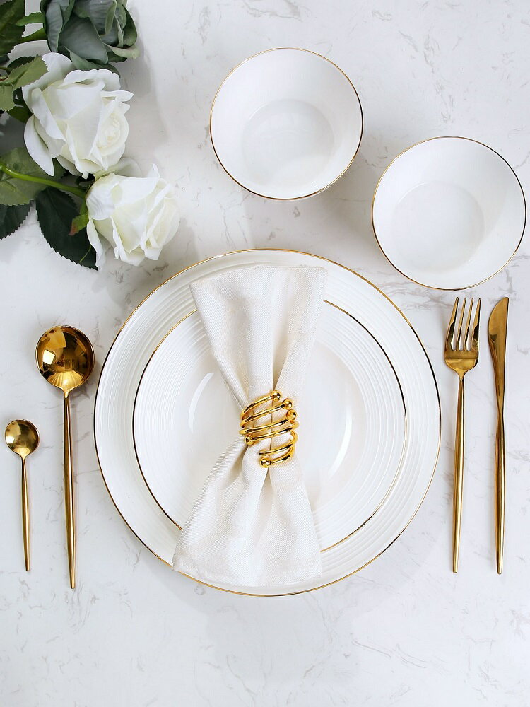 歐式陶瓷盤子牛排刀叉套裝創意金邊白色家用菜盤西餐餐具全套螺紋